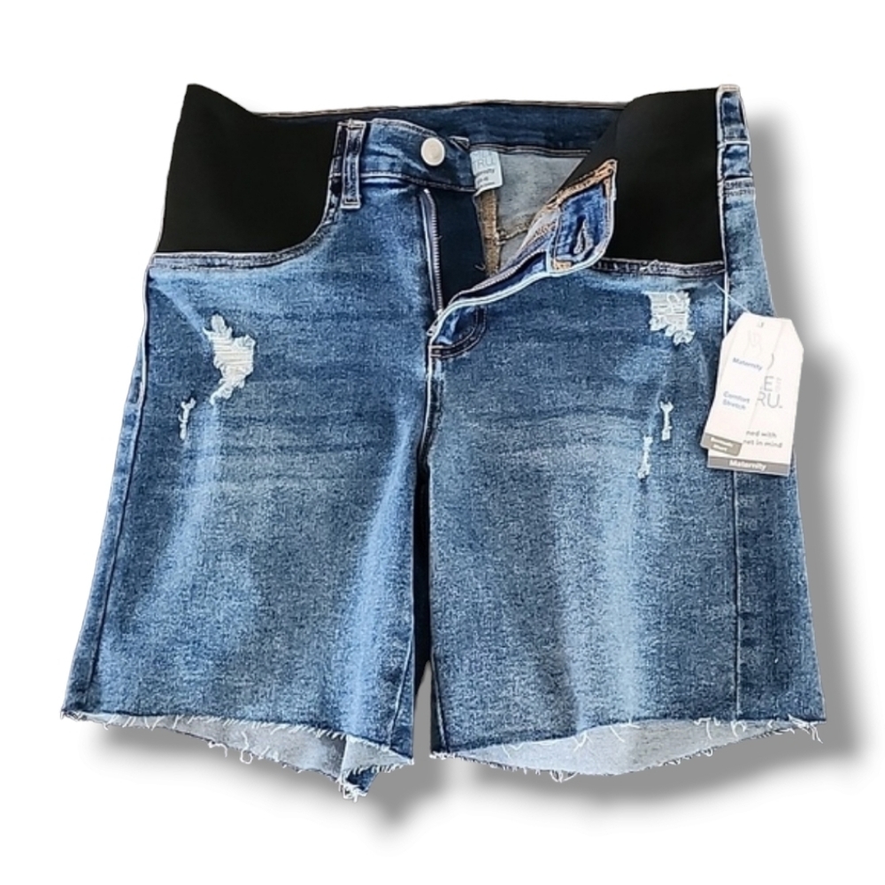 TIME AND TRU MATERNITY High Waisted Jean Shorts S 4 6 Ripped Bermuda Stretch - Picture 7 of 10